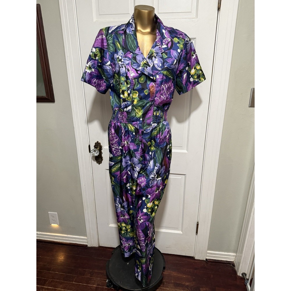 Vintage Purple Floral Jumpsuit One Piece Womens Outfit Size 10 Short Sleeve Pant